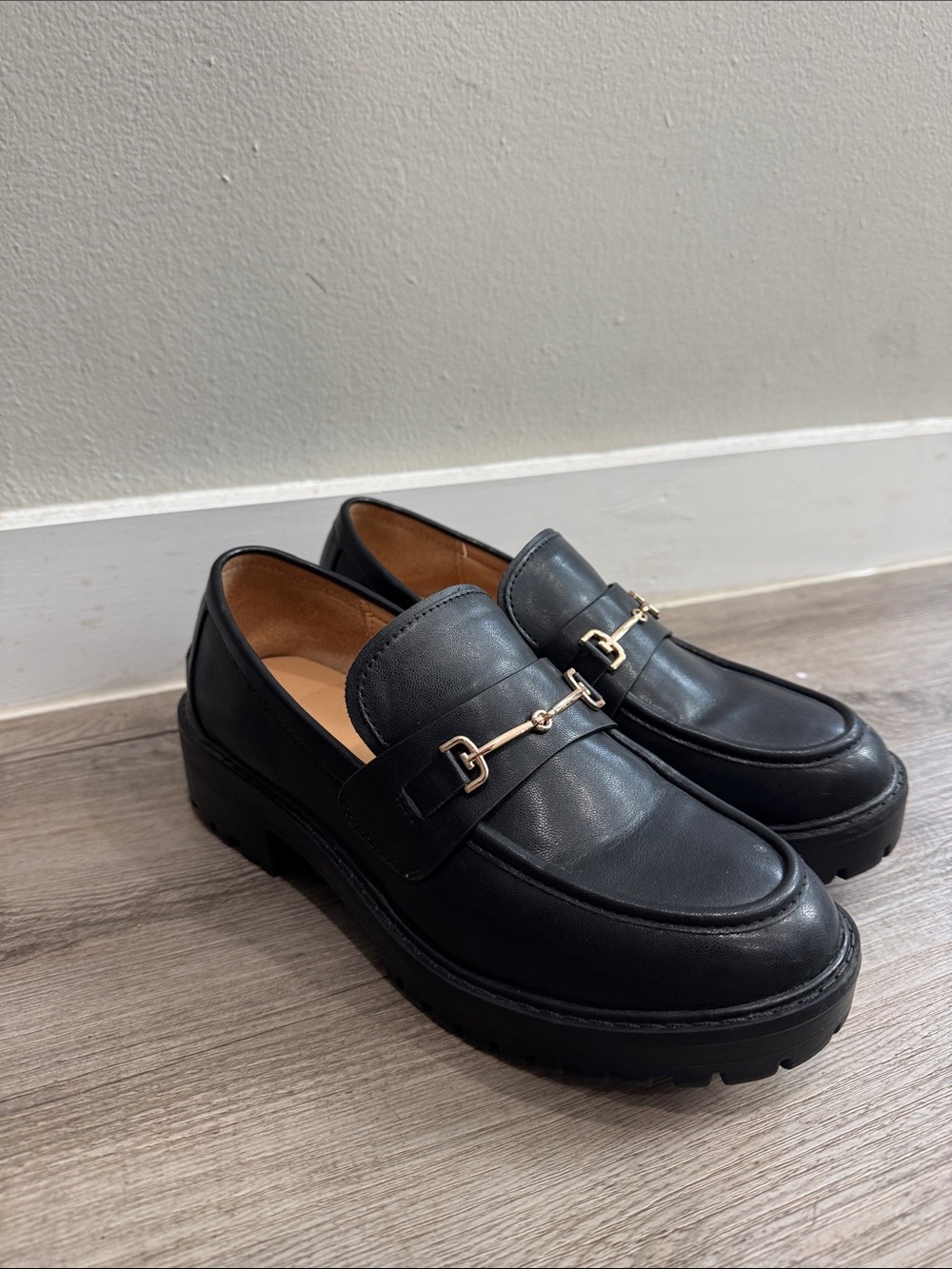Chunky Black Leather Loafers with Gold Bit Detail
